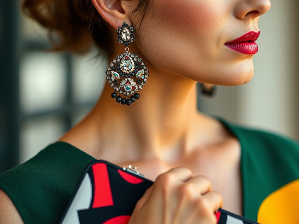 Une femme en gros plan portant une robe verte et de grandes boucles d'oreilles élégantes, avec un rouge à lèvres intense.