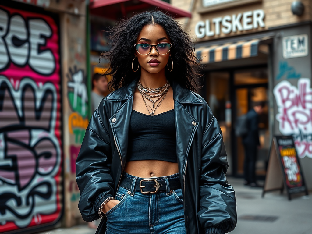 Une jeune femme en blouson noir, lunettes, et bijoux, marche avec assurance dans une ruelle artistique.