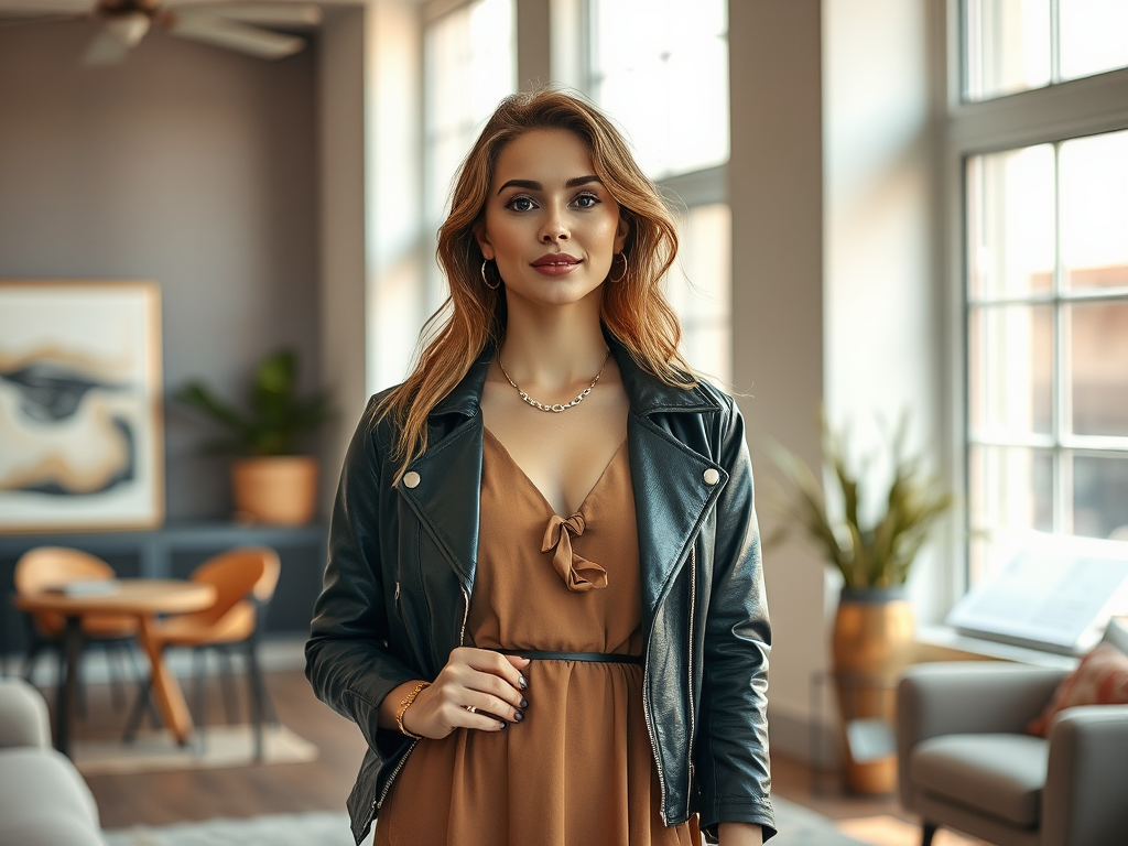 Une femme souriante portant une robe marron et une veste en cuir se tient dans un intérieur élégant et lumineux.