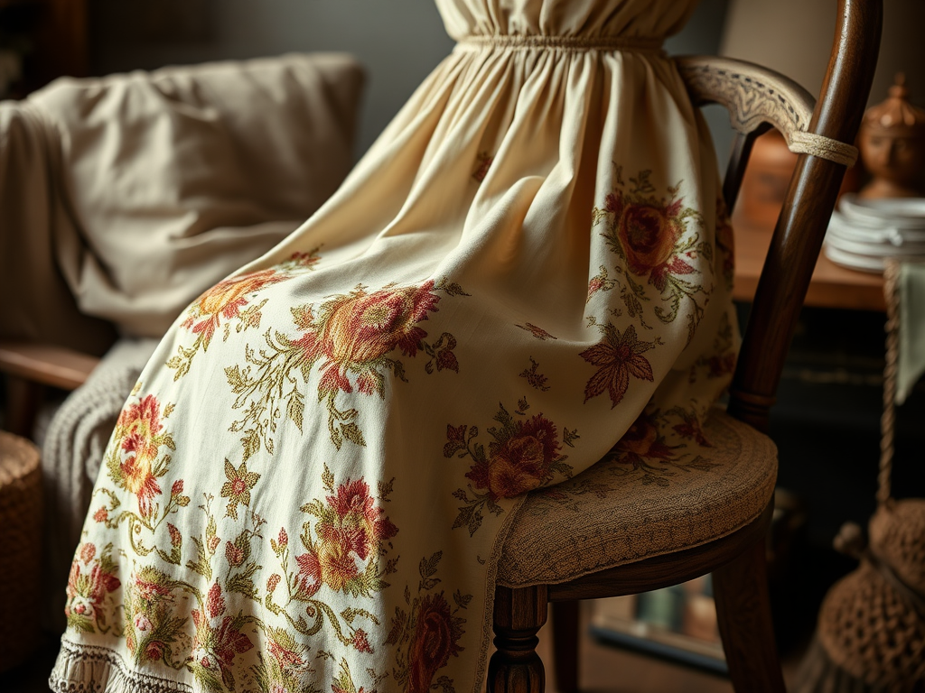 Une robe beige ornée de motifs floraux colorés, posée sur une chaise en bois dans un intérieur chaleureux.