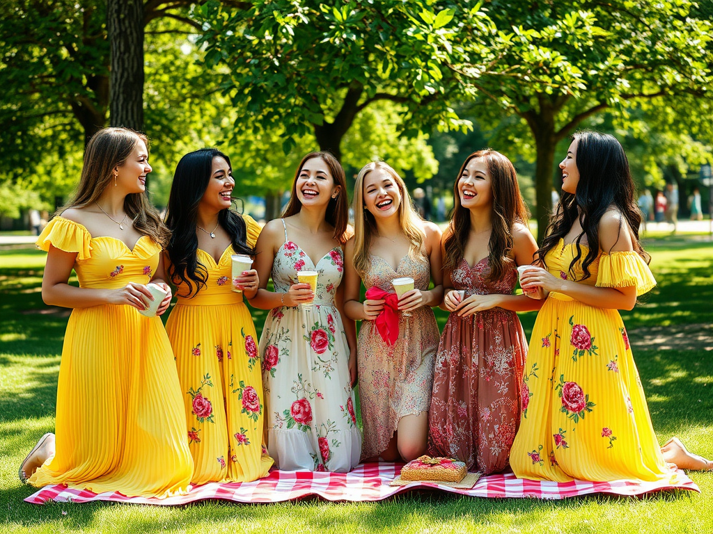 Six jeunes femmes en robes colorées rient ensemble sur une couverture de pique-nique dans un parc ensoleillé.