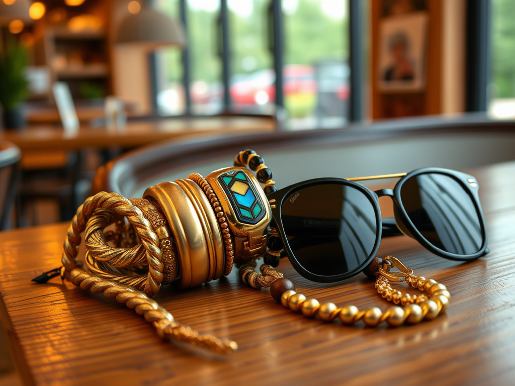 Une paire de lunettes de soleil et des bracelets dorés posés sur une table en bois dans un café lumineux.