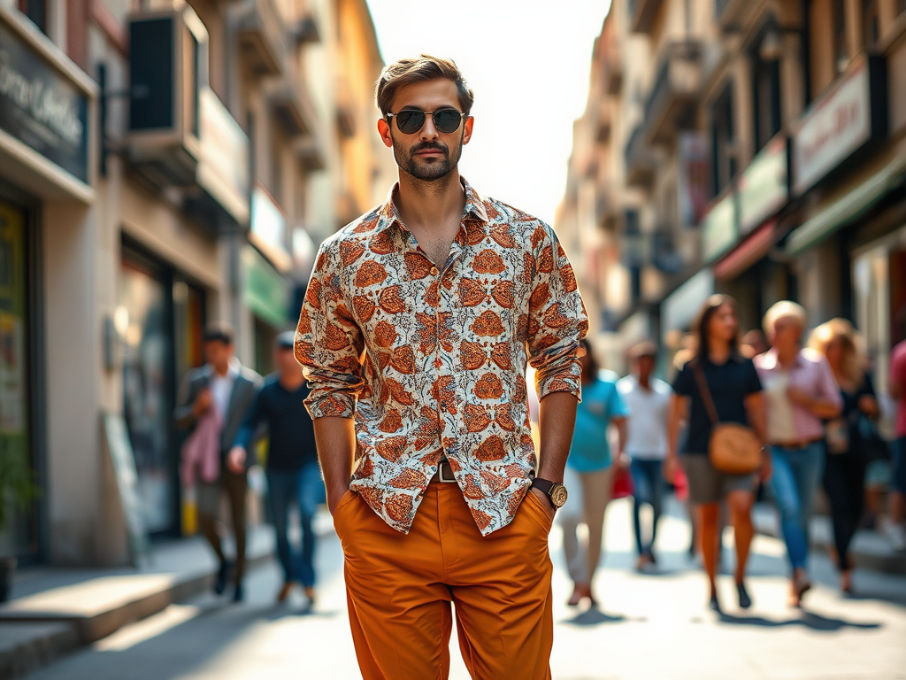 Un homme au style décontracté se tient dans une rue animée, entouré de passants. Il porte une chemise colorée.