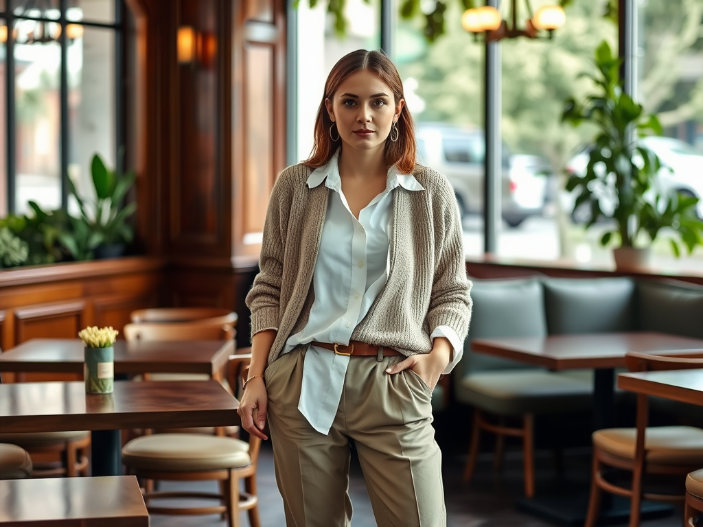 Une femme élégante porte un cardigan clair et se tient dans un café avec des plantes et des tables en bois.