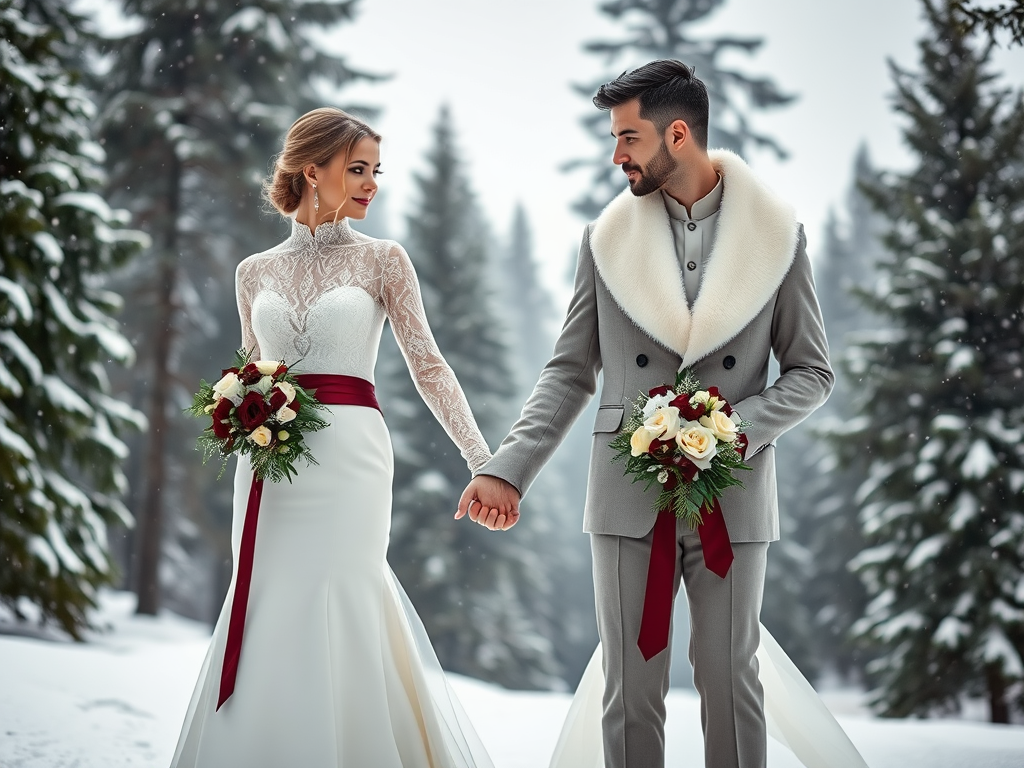 Un couple heureux en tenue de mariage se tient par la main dans un paysage enneigé.