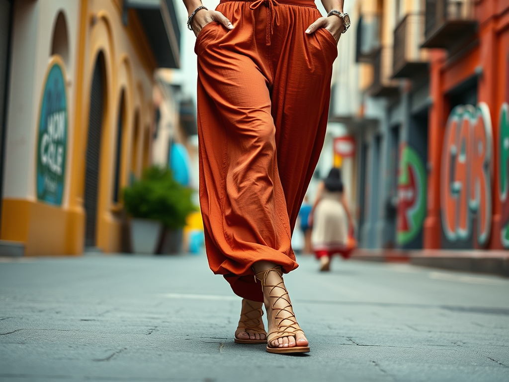 Une personne marche dans une rue colorée, portant un pantalon orange et des sandales, le regard détendu.