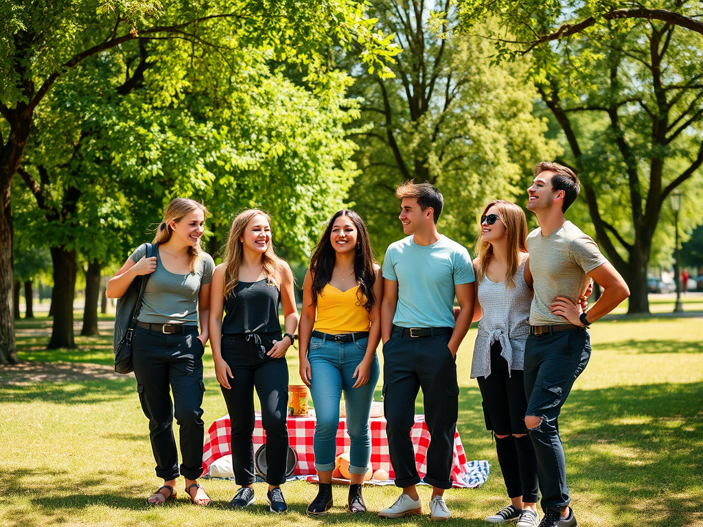 Un groupe d'amis souriants se tient dans un parc, entouré d'arbres et d'une nappe à carreaux.