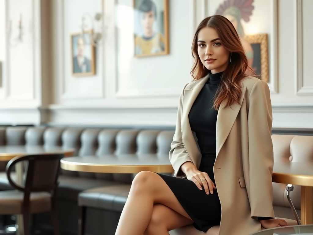 Une femme élégante en costume assise dans un café, avec des tableaux artistiques en arrière-plan.