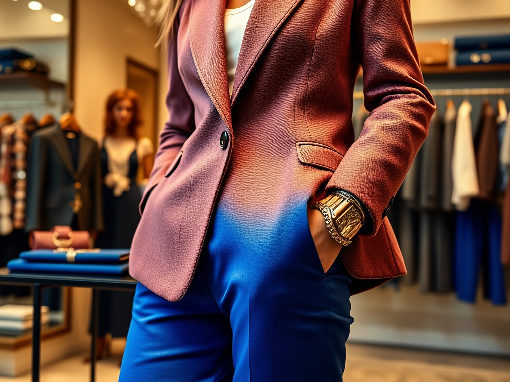 Une femme portant un blazer dégradé et un pantalon bleu, avec une montre dorée, dans une boutique élégante.