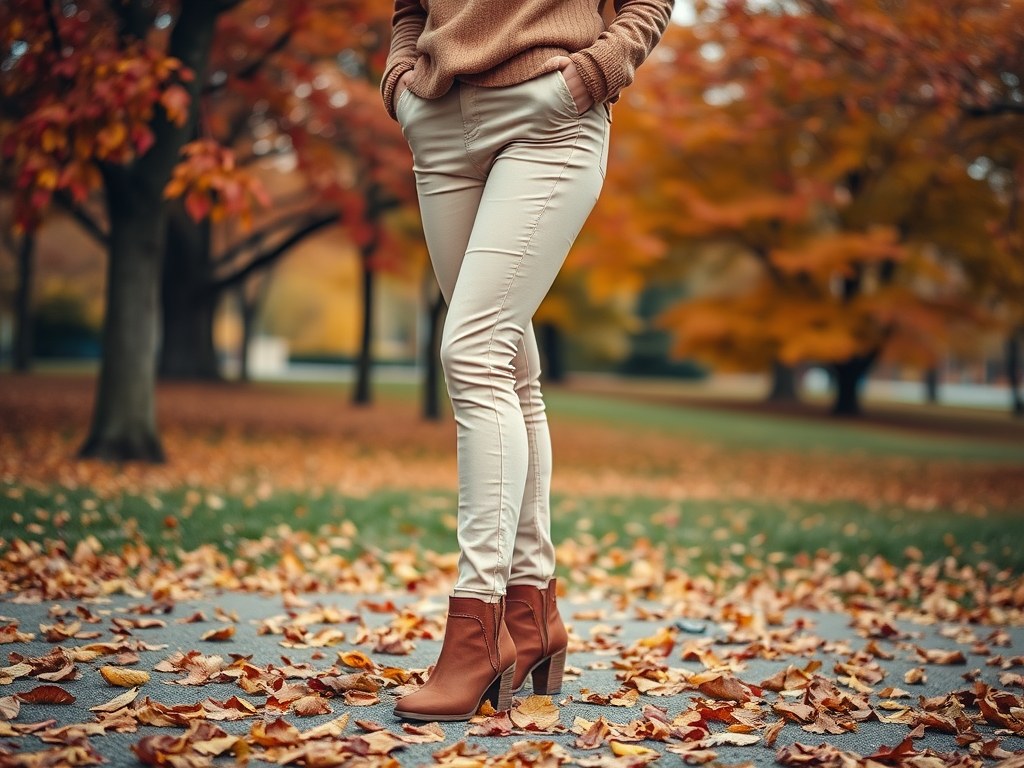 Une personne porte des bottines en cuir marron, debout sur un tapis de feuilles d'automne.