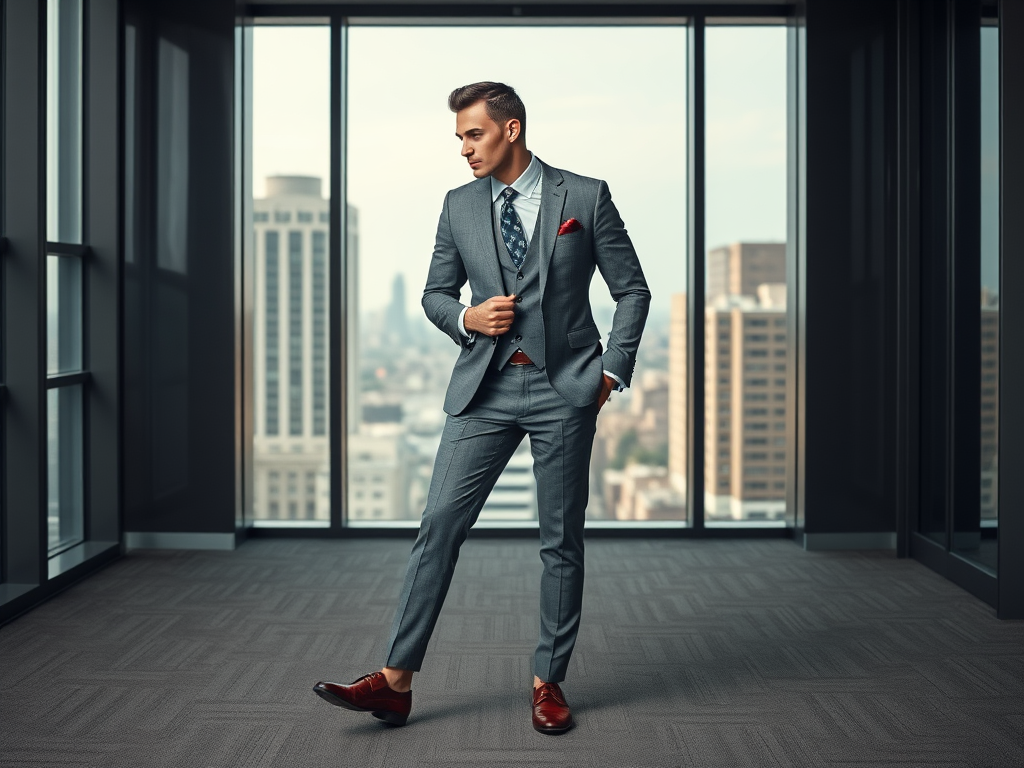 Un homme en costume gris se tient devant de grandes fenêtres avec une vue sur la ville. Il affiche une posture confiante.