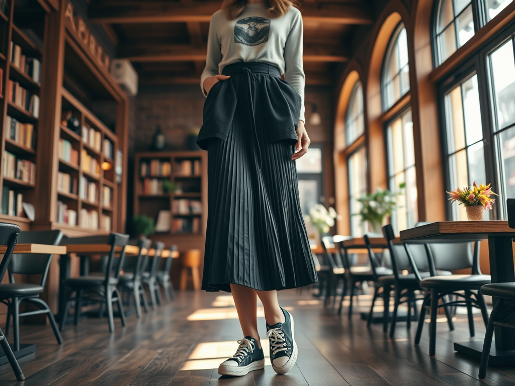 Une femme porte une jupe plissée et des baskets dans un café avec des étagères de livres en arrière-plan.