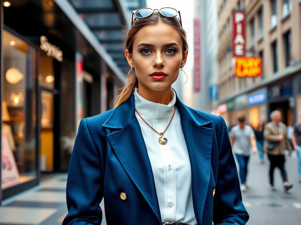 Femme élégante en blazer bleu posant dans une rue animée, lunettes sur la tête, regard déterminé.