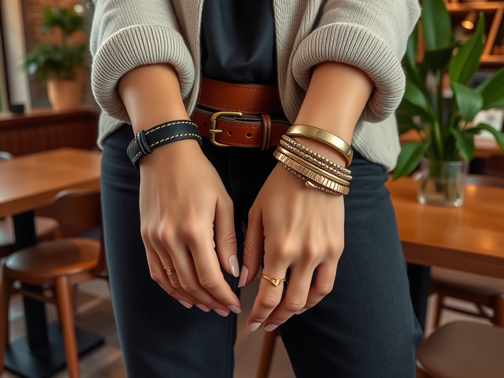 Une femme porte plusieurs bracelets sur ses poignets, avec une ceinture marron, dans un café confortable.