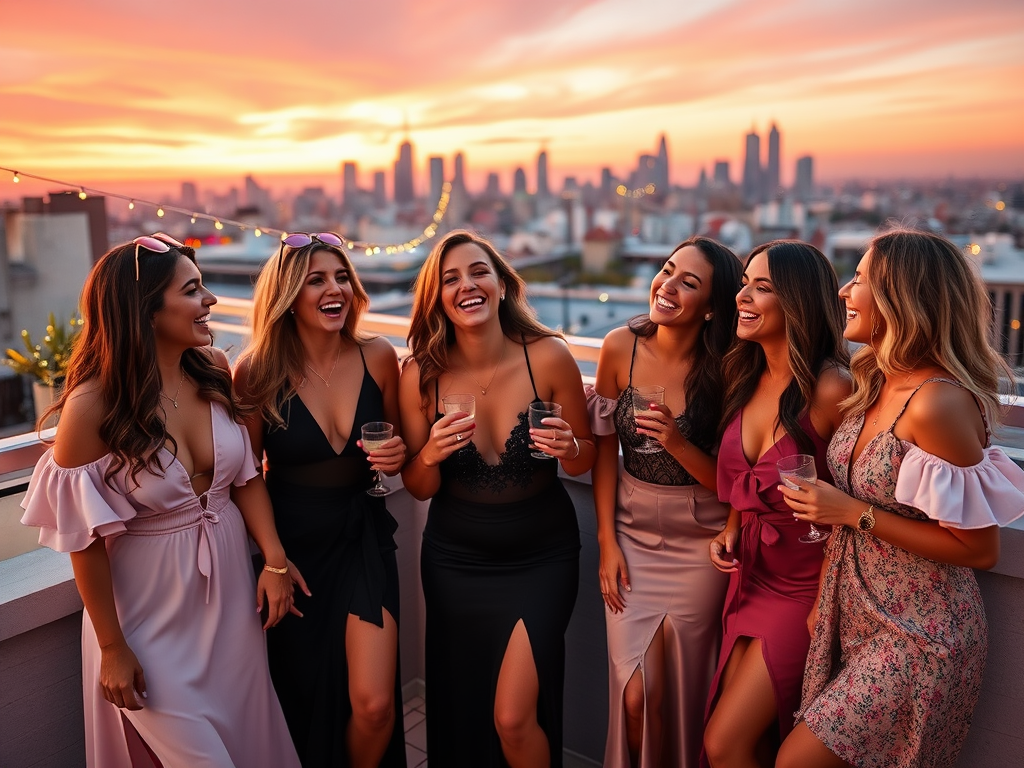 Un groupe de six femmes souriantes, vêtues élégamment, profitant d'une soirée sur un toit avec une vue sur la ville au coucher de soleil.