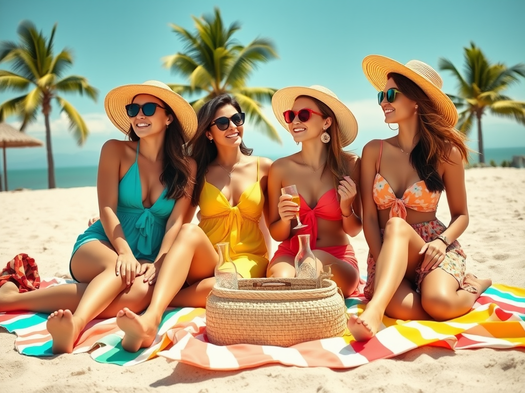 Quatre femmes en maillots de bain, souriantes, sur la plage, portant des chapeaux, profitent du soleil et d'une boisson.