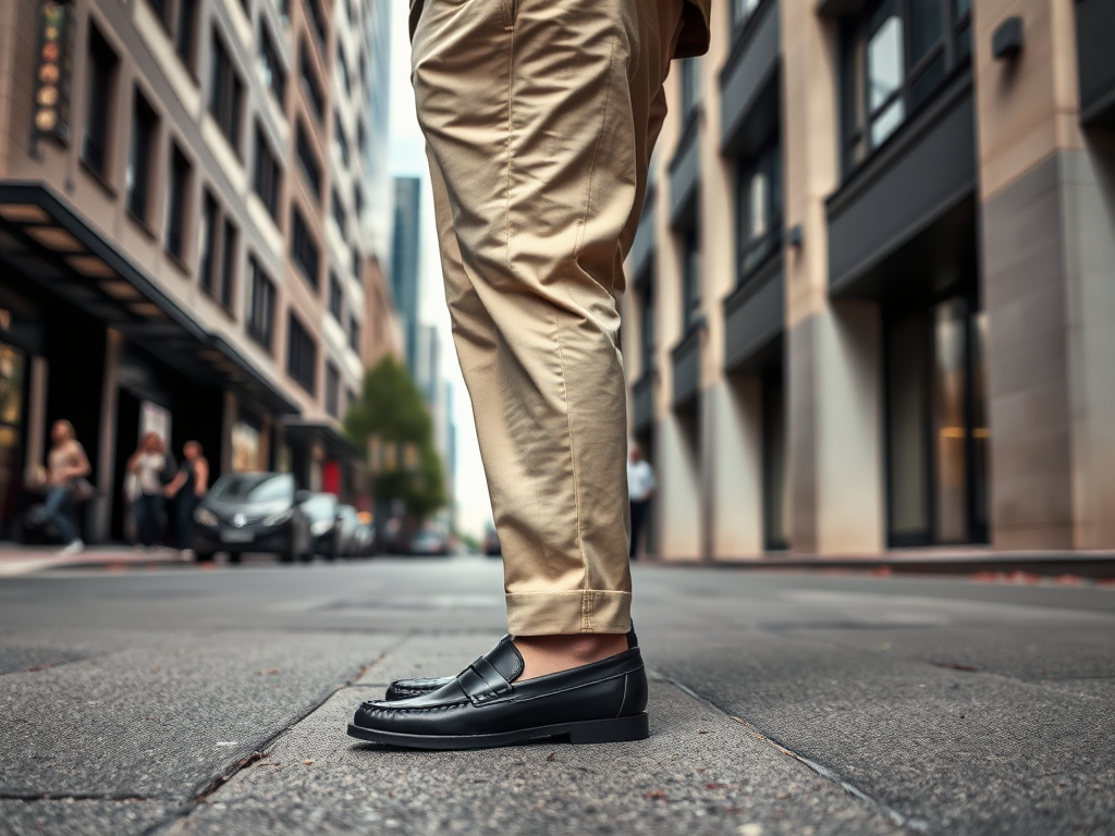 Une personne portant des mocassins noirs et un pantalon beige se tient sur une rue urbaine.