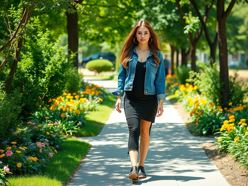 Une jeune femme marche sur un chemin entouré de fleurs dans un parc ensoleillé. Elle porte une veste en jean.