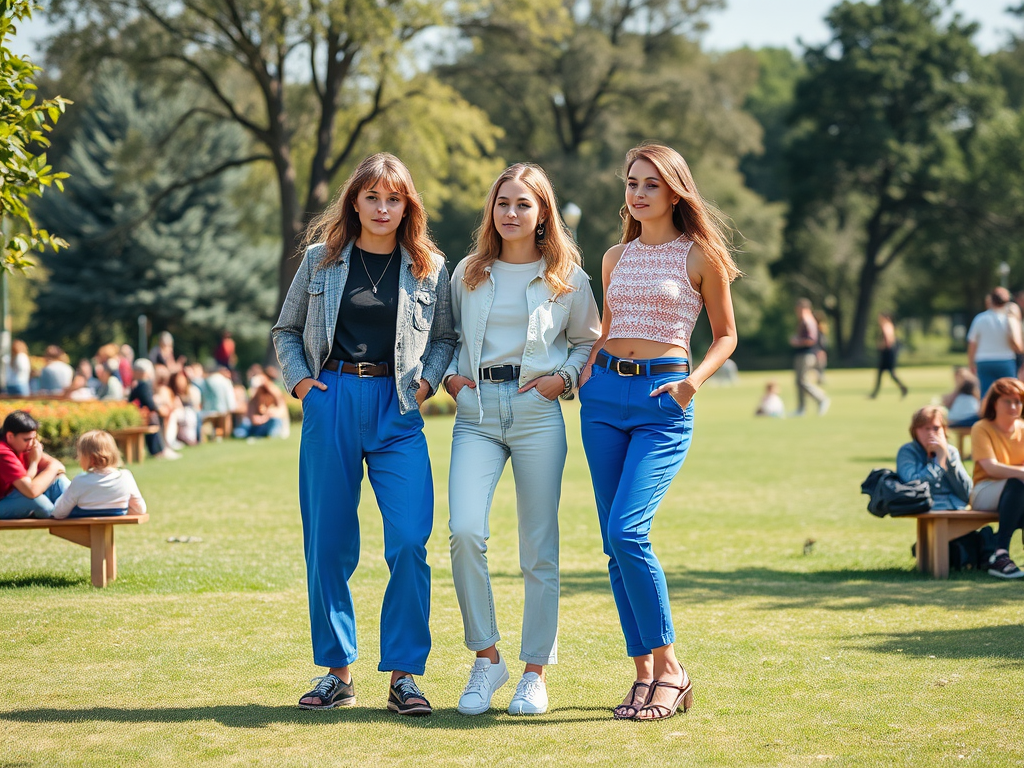 Trois femmes stylées posent dans un parc, entourées de personnes profitant d'une belle journée ensoleillée.