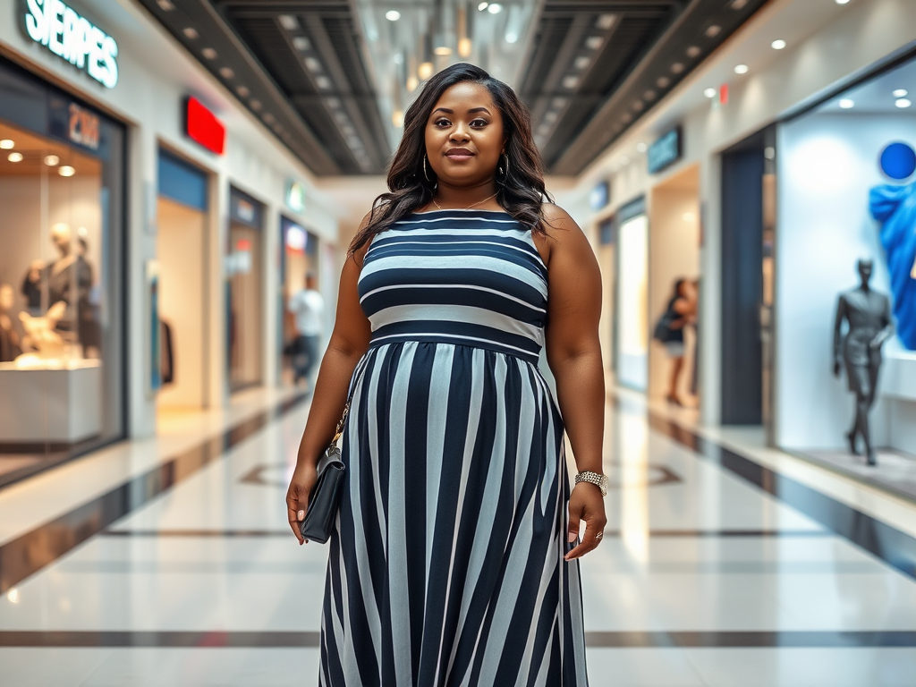 Une femme souriante en robe rayée se tient au milieu d'un centre commercial moderne.