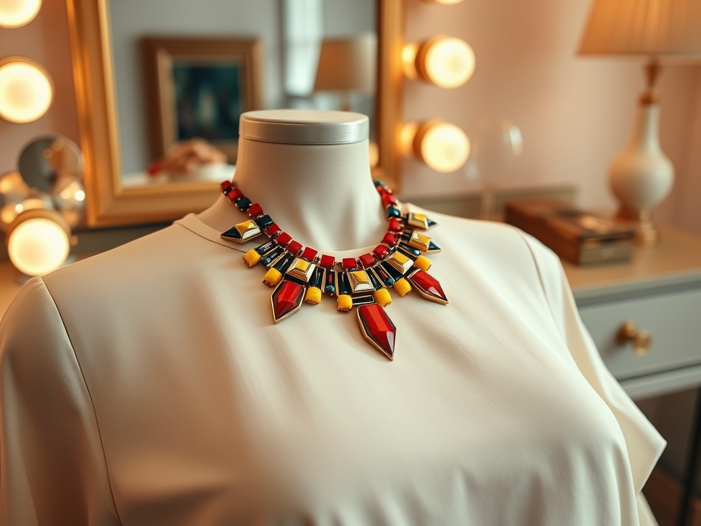 Un collier coloré, orné de pierres précieuses en rouge, noir, jaune et bleu, posé sur un mannequin.