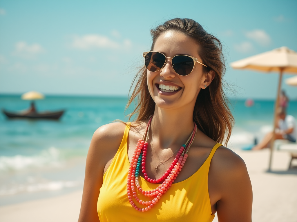 Une femme souriante porte un maillot jaune et des lunettes de soleil sur une plage ensoleillée.