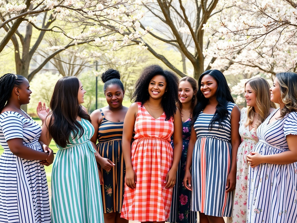 Un groupe de femmes souriantes en robes colorées se tient sous des arbres en fleurs, profitant d'une belle journée.