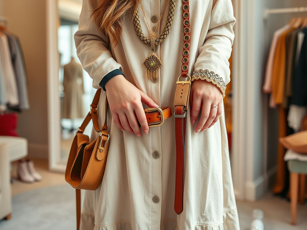 Une femme porte une robe beige avec des accessoires de mode, en tenant un sac à main et une ceinture.