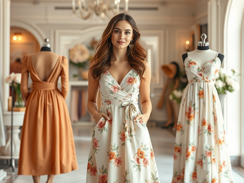 Une femme en robe fleurie pose devant d'autres robes élégantes dans une boutique lumineuse et raffinée.