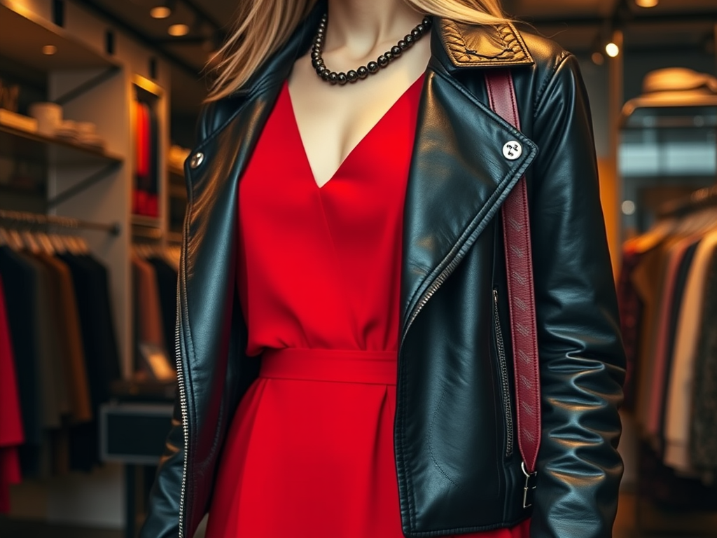 Une femme porte une robe rouge élégante avec une veste en cuir noir dans une boutique de mode.