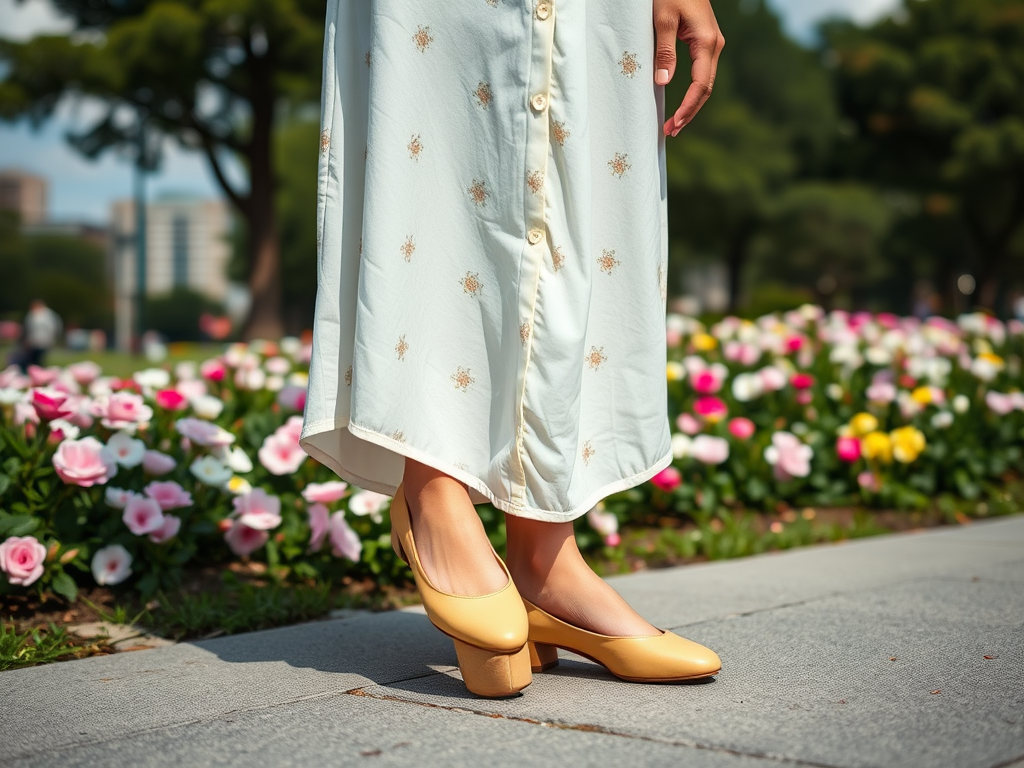 Une personne porte des chaussures à talons jaunes, debout à côté de fleurs colorées dans un parc ensoleillé.